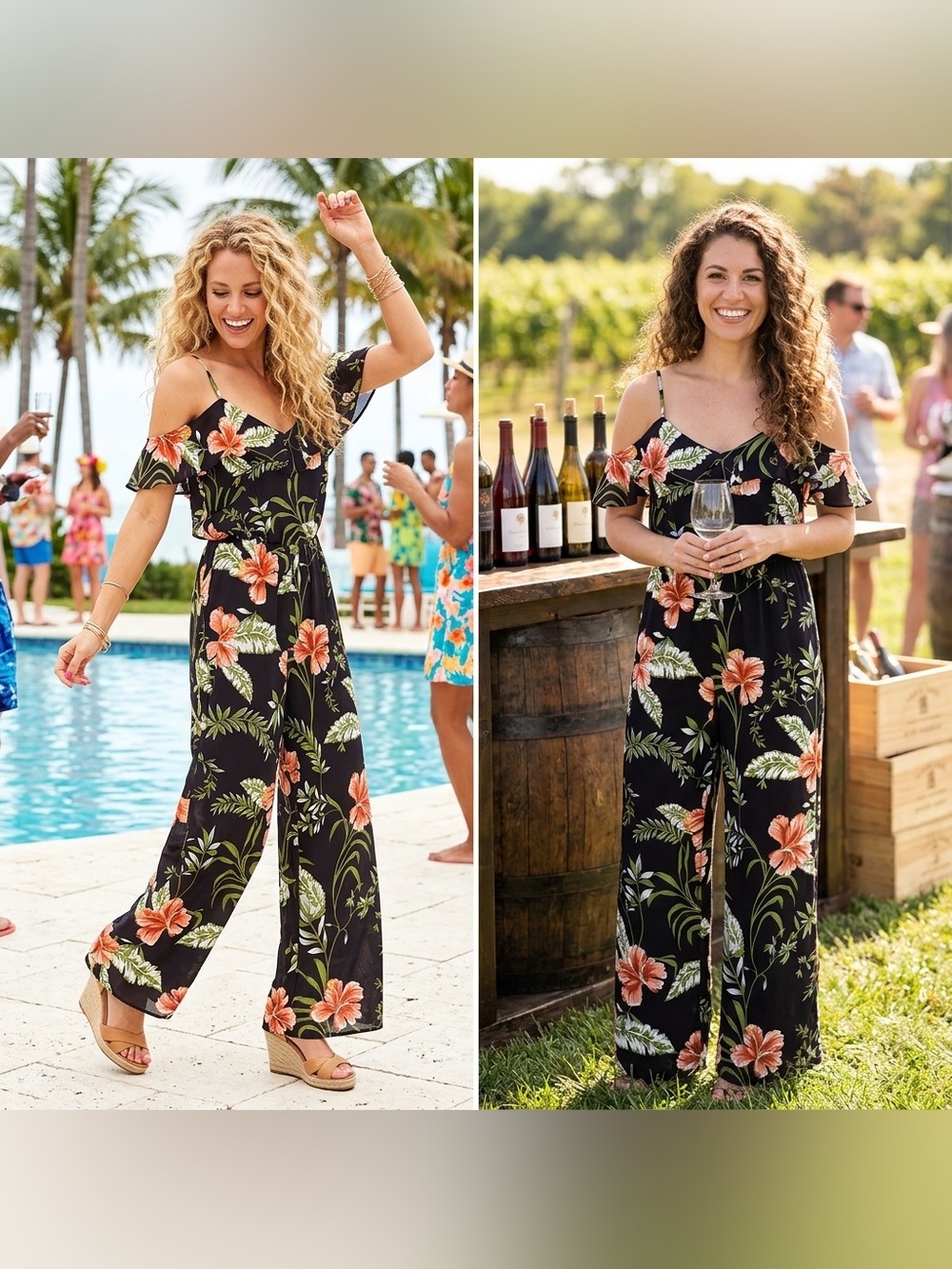 Adrianna Papell Wide Leg Floral Jumpsuit Cold Shoulder Flutter Sleeve Size 10 - Picture 2 of 11